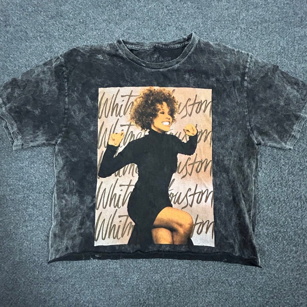 Whitney Houston Shirt Womens Size L Black Acid Wash Cropped Graphic Tee Cotton